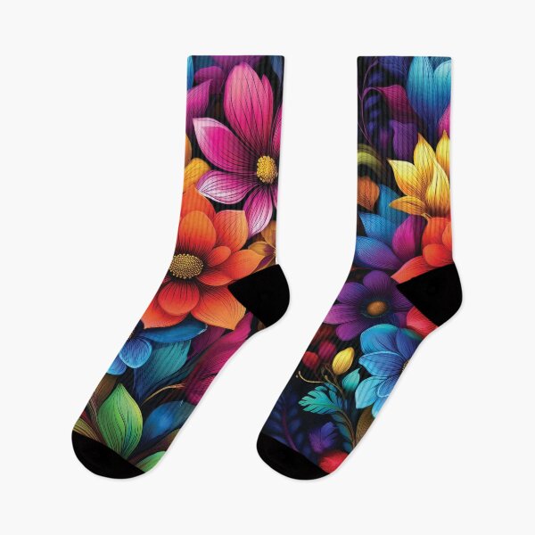Item preview, 3D Rainbow VINTAGE FLOWERS on black background, multicolor wildflower watercolour garden, colourful bright vivid floral spring painting  designed and sold by navitalidesign.