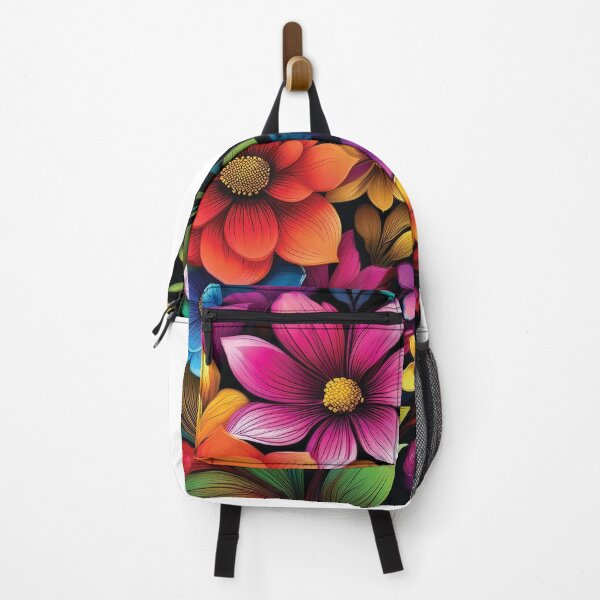 Item preview, 3D Rainbow VINTAGE FLOWERS on black background, multicolor wildflower watercolour garden, colourful bright vivid floral spring painting designed and sold by navitalidesign.