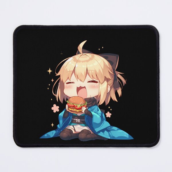 Item preview, Okita Souji Sakura Saber Fate Grand Order Chibi Burger Kawaii Blue Anime Girl designed and sold by earlobejerk.