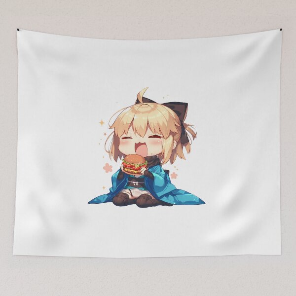 Item preview, Okita Souji Sakura Saber Fate Grand Order Chibi Burger Kawaii Blue Anime Girl designed and sold by earlobejerk.