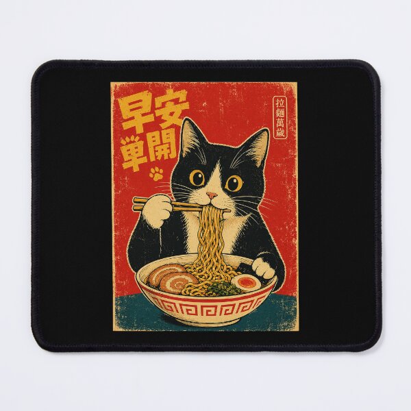 Item preview, Cute Black Cat Eating Noodles Vintage Asian Poster Style designed and sold by ferminhays.