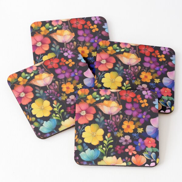 Item preview, Rainbow coloured VINTAGE FLOWERS on black background, multicolor wildflower watercolour garden, colourful bright vivid floral spring painting  designed and sold by navitalidesign.