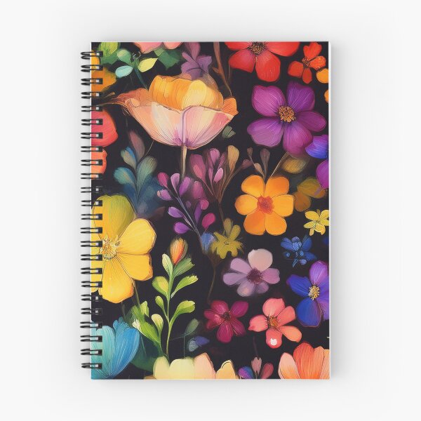 Item preview, Rainbow coloured VINTAGE FLOWERS on black background, multicolor wildflower watercolour garden, colourful bright vivid floral spring painting  designed and sold by navitalidesign.