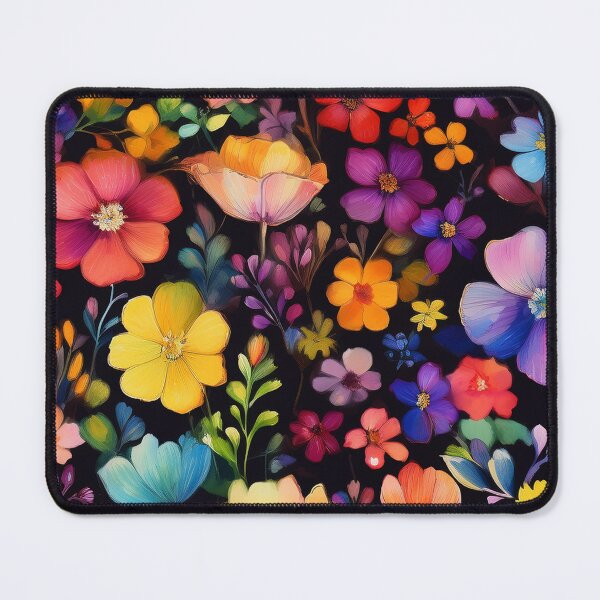 Item preview, Rainbow coloured VINTAGE FLOWERS on black background, multicolor wildflower watercolour garden, colourful bright vivid floral spring painting designed and sold by navitalidesign.