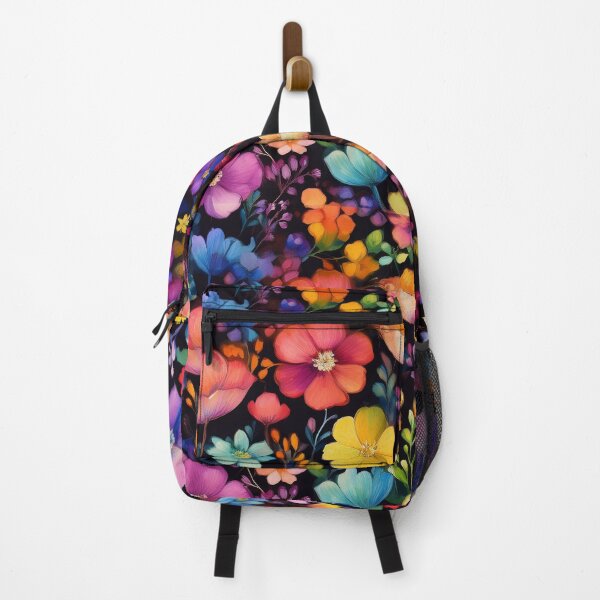 Item preview, Rainbow coloured VINTAGE FLOWERS on black background, multicolor wildflower watercolour garden, colourful bright vivid floral spring painting designed and sold by navitalidesign.