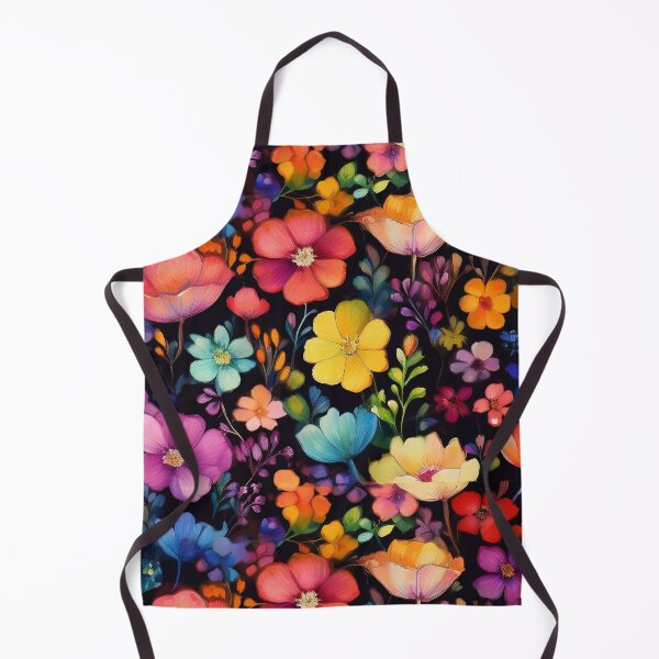 Item preview, Rainbow coloured VINTAGE FLOWERS on black background, multicolor wildflower watercolour garden, colourful bright vivid floral spring painting designed and sold by navitalidesign.