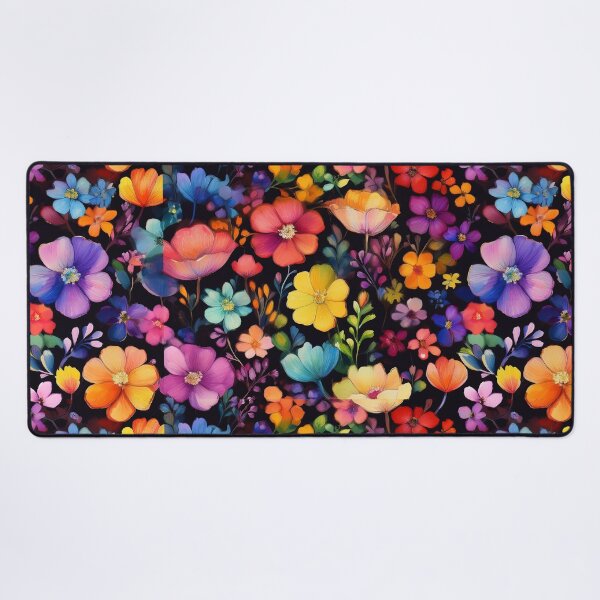 Item preview, Rainbow coloured VINTAGE FLOWERS on black background, multicolor wildflower watercolour garden, colourful bright vivid floral spring painting  designed and sold by navitalidesign.