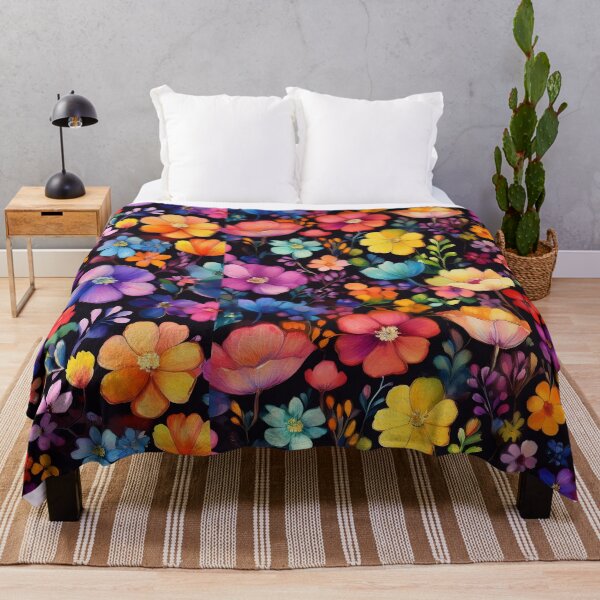 Item preview, Rainbow coloured VINTAGE FLOWERS on black background, multicolor wildflower watercolour garden, colourful bright vivid floral spring painting designed and sold by navitalidesign.