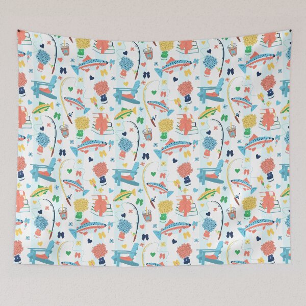 Item preview, Bookish Fishing Pattern with Rainbow Trout Books Hydrangeas and Lake Life designed and sold by HaileesHollow.