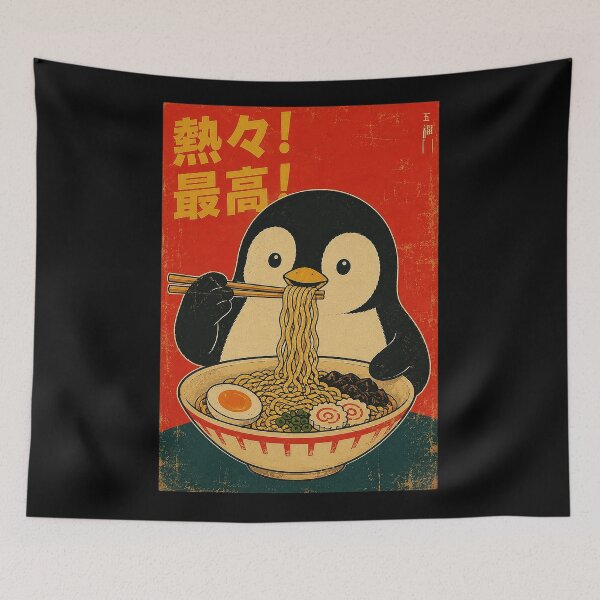 Item preview, Retro Penguin Enjoying Ramen in Vintage Japanese Poster Style designed and sold by ferminhays.