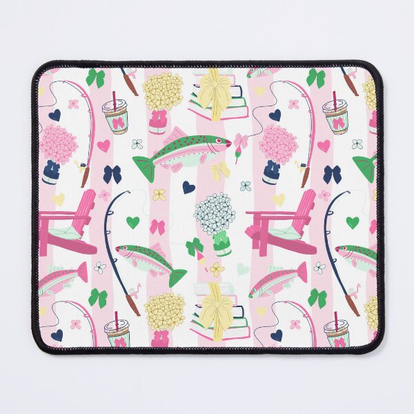 Item preview, Pink Preppy Fishing Pattern with Rainbow Trout Books Bows and Hydrangeas designed and sold by HaileesHollow.