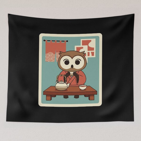 Item preview, Cozy Owl Tea Time Illustration with Warm Retro Japanese Inspired Decor designed and sold by JordynLadukeg65.