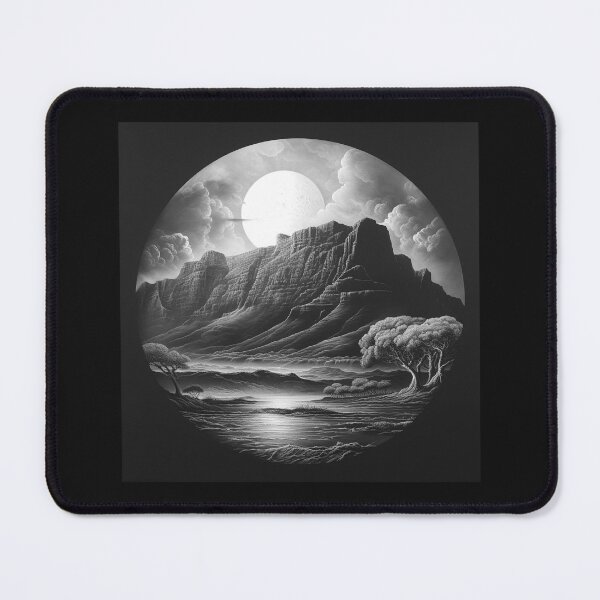 Item preview, Black and White Moonlit Mountain Valley Landscape designed and sold by inkoutninja.