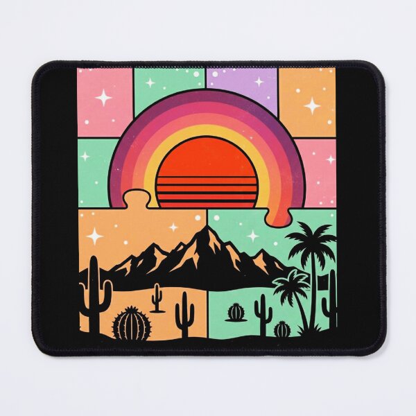 Item preview, Retro Sunset Jigsaw Puzzle - 1970s Vintage Palm Trees Desert Cactuses Mountain Pastel Puzzle Game designed and sold by Mahe Jabeen.