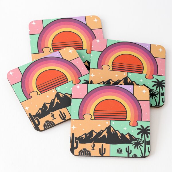 Item preview, Retro Sunset Jigsaw Puzzle - 1970s Vintage Palm Trees Desert Cactuses Mountain Pastel Puzzle Game designed and sold by Mahe Jabeen.