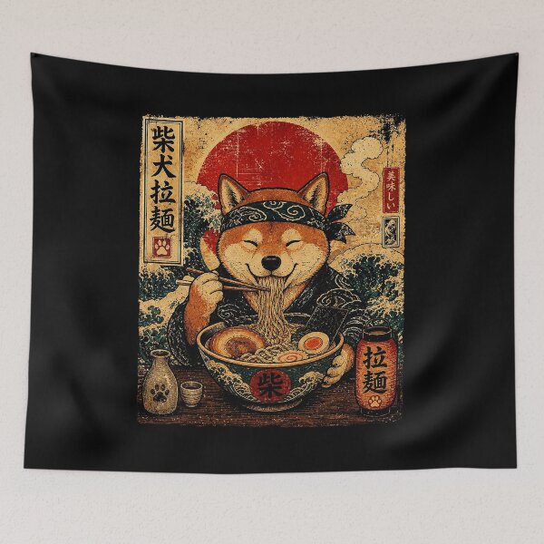 Item preview, Vintage Shiba Inu Enjoying Ramen Japanese Woodblock Style designed and sold by ferminhays.