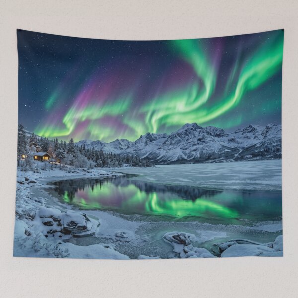 Item preview, Vibrant Northern Lights over Winter Cabin designed and sold by Quiet life.
