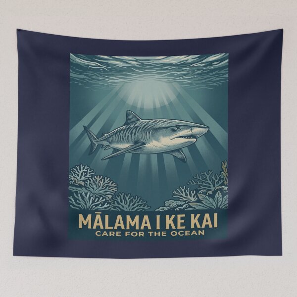 Item preview, Mālama I Ke Kai Care for the Ocean — Hawaiian Tiger Shark Conservation Art Print designed and sold by MālamaThreads.