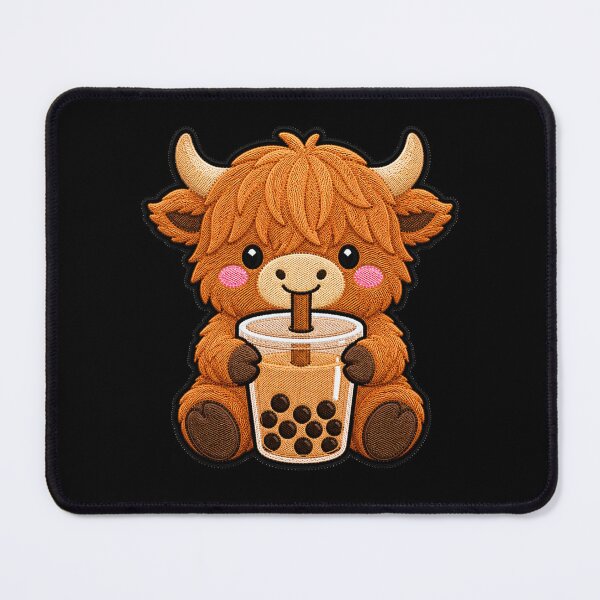 Item preview, Kawaii Highland Cow with Bubble Tea - Cute Highland Cow Embroidery Patch designed and sold by ColorSplash123.