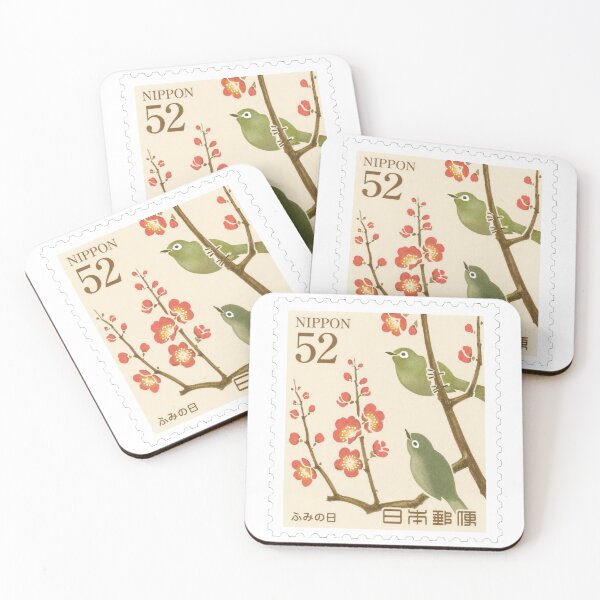 Item preview, Japanese White-Eye Birds Stamp Art | NIPPON 52 Plum Blossom Postage Stamp | Vintage Japan Nature Illustration designed and sold by Schulz Lightprint Studio.