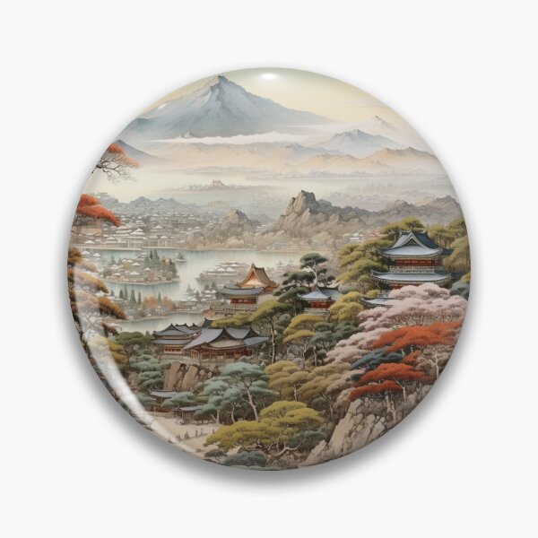Item preview, Traditional Japanese Illustration - Ancient Japanese Pagodas Against a Scenic Landscape designed and sold by DaisukiTokyo.