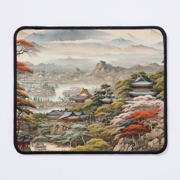 Item preview, Traditional Japanese Illustration - Ancient Japanese Pagodas Against a Scenic Landscape designed and sold by DaisukiTokyo.
