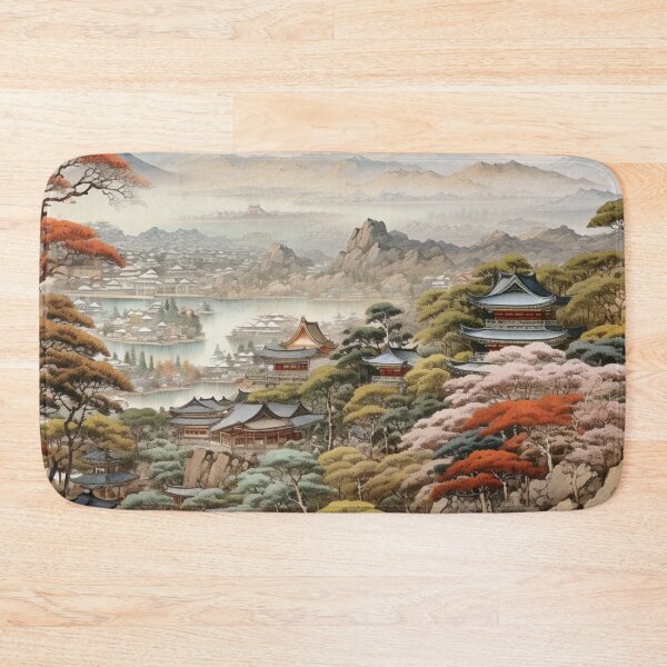 Item preview, Traditional Japanese Illustration - Ancient Japanese Pagodas Against a Scenic Landscape designed and sold by DaisukiTokyo.