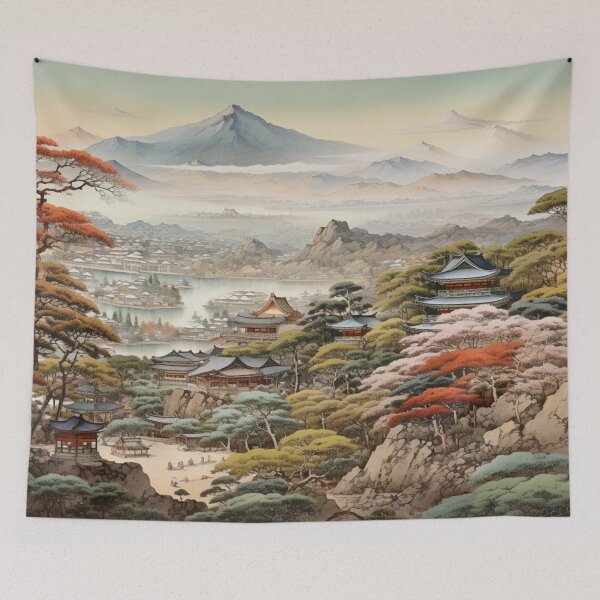 Item preview, Traditional Japanese Illustration - Ancient Japanese Pagodas Against a Scenic Landscape designed and sold by DaisukiTokyo.