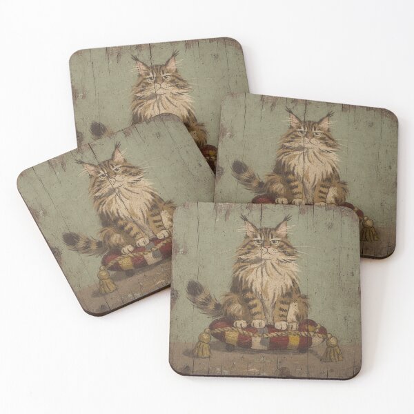 Item preview, Regal Maine Coon on a Throne Cushion Folk Art designed and sold by PictorialWhimsy.