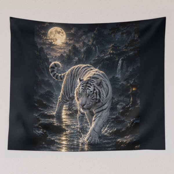 Item preview, Moonlit Crossing | White Tiger Fantasy Art | Mystical Moonlit Mountain Landscape designed and sold by ManJiangHong.
