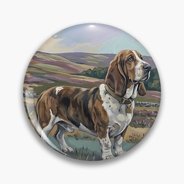 Artikelvorschau, Basset Hound in Idyllic Highland Landscape – Classic Oil Painting entworfen und verkauft von Pfotenfaden.