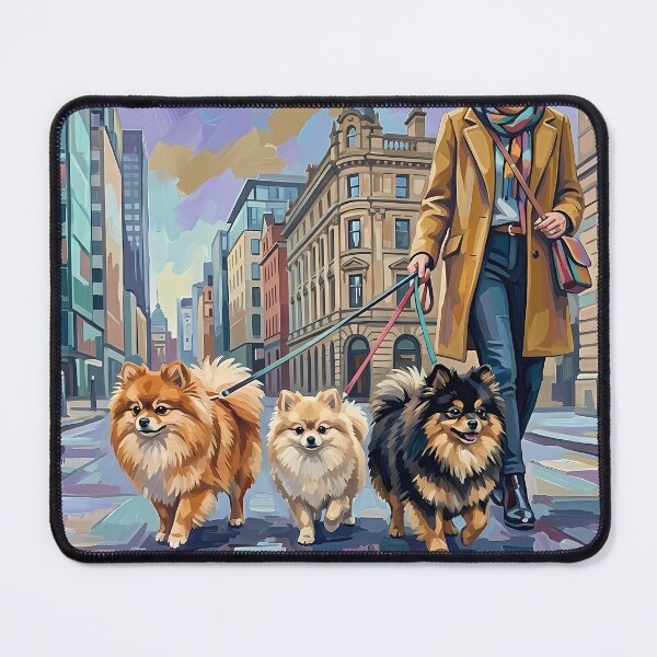 Item preview, Three Pomeranians Walking in the City – Urban Dog Oil Painting designed and sold by Pfotenfaden.