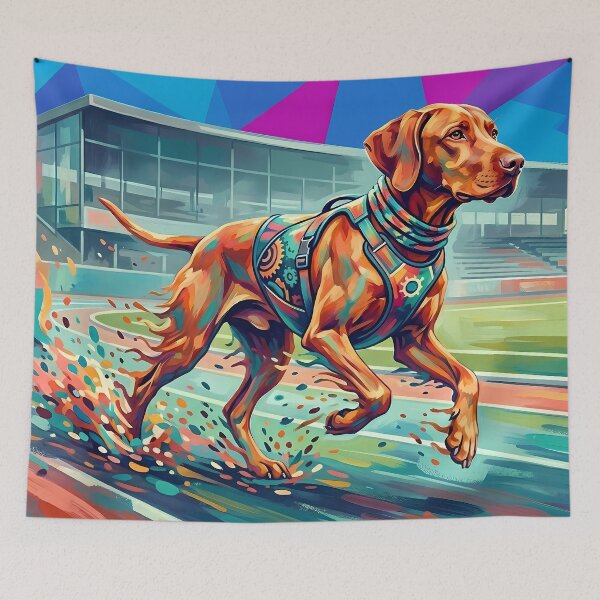 Item preview, Pop Art Running Dog Stadium - Dynamic Neon Sport Vizsla designed and sold by Pfotenfaden.