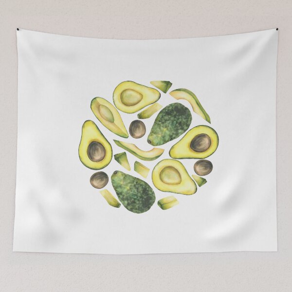 Item preview, Avocado fruits slices and seeds and pieces arranged in circle. Watercolor hand painting designed and sold by BartolArt.