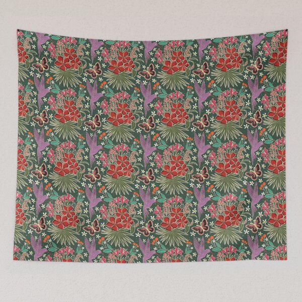 Item preview, Tropical Hothouse Hummingbird Floral Dark Emerald Pattern designed and sold by DColourMuse.