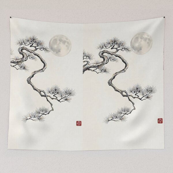 Item preview, ​Tranquil Moon and Majestic Pine - Minimalist Zen Ink Painting designed and sold by SOOstudio73.