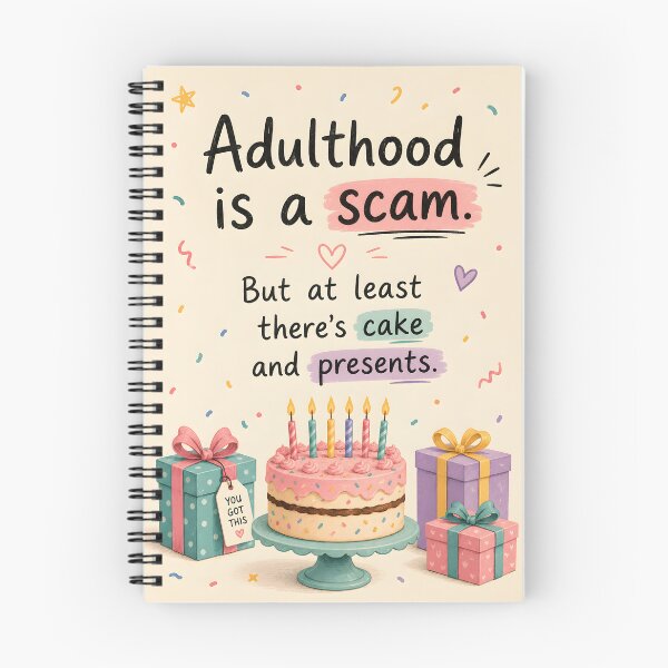 Item preview, Adulthood Is a Scam – Funny Birthday Cake & Presents Illustration designed and sold by blankTeeShirt.
