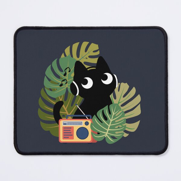 Item preview, Cat with radio amongst monstera leaves designed and sold by InkRiot Studios.