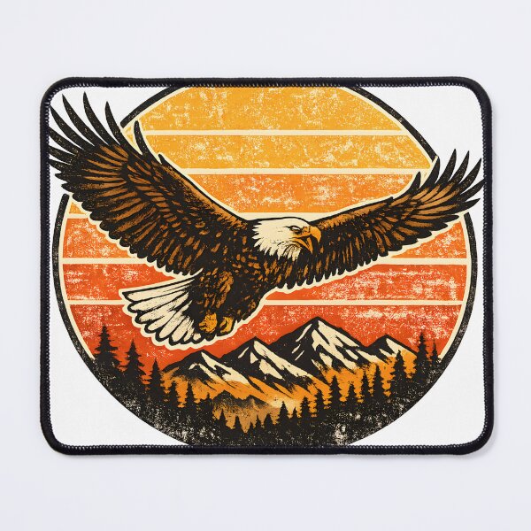 Item preview, Vintage Bald Eagle Soaring Over Retro Sunset and Mountain Wilderness Design designed and sold by PenchalaPrabhas.