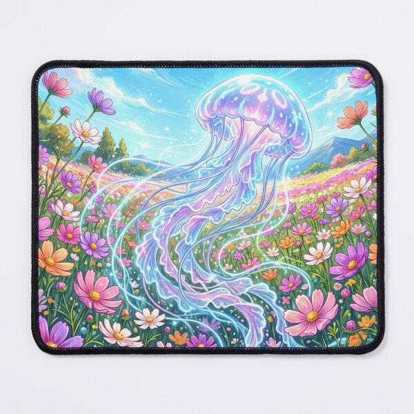 Item preview, Magical Glowing Jellyfish in Cosmos Flower Field - Surreal Fantasy Art designed and sold by Hikariha Studio.