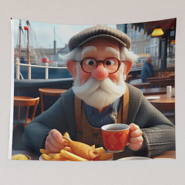 Item preview, Old Fart as a fisherman eating fish and chips designed and sold by Colin Bentham.