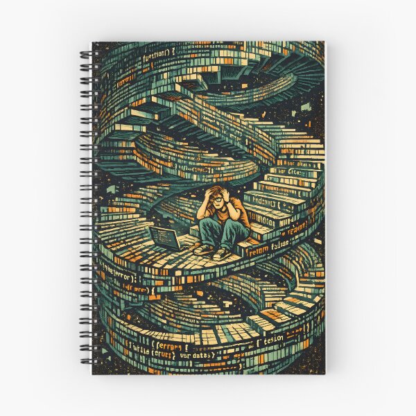 Item preview, Programmer Trapped Inside a Surreal Looping Staircase Made of Code Lines Retro Vector Artwork designed and sold by PenchalaPrabhas.