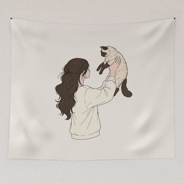 Item preview, Cozy Girl and Siamese Cat - Aesthetic Neutral Warm Line Art designed and sold by mijaczeek.