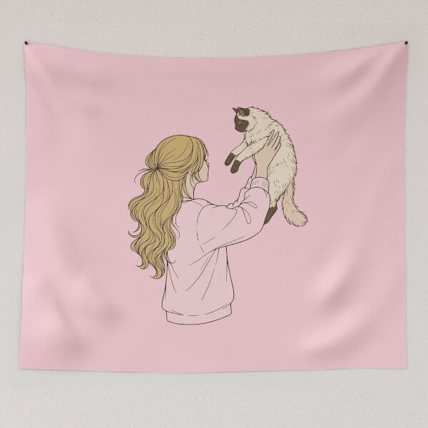 Item preview, Cozy Pink Aesthetic Girl with Siamese Cat - Soft Pastel Line Art designed and sold by mijaczeek.