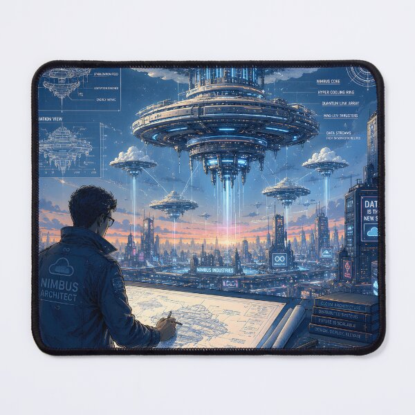 Item preview, Retro-Futuristic Cloud Architecture Blueprint – Floating Servers Above a Cyber City designed and sold by PenchalaPrabhas.