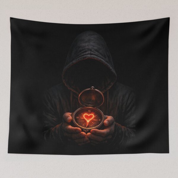 Item preview, Heart Compass – Hooded Shadow Holding a Glowing Fiery Heart designed and sold by Timeless Junction.