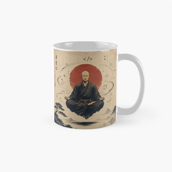 Item preview, Peaceful Monk Meditating with Floating Programming Symbols – Minimalist Japanese Vintage Coding Artwork designed and sold by PenchalaPrabhas.