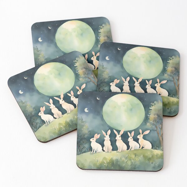Item preview, Whimsical White Rabbits and Giant Full Moon Watercolor Art designed and sold by BeataPrint.