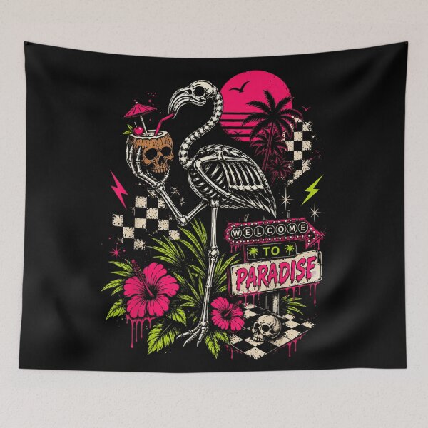 Item preview, Welcome To Paradise Vaporwave Skeleton Flamingo Skull Tropical Beach Art designed and sold by LittleNhutton.
