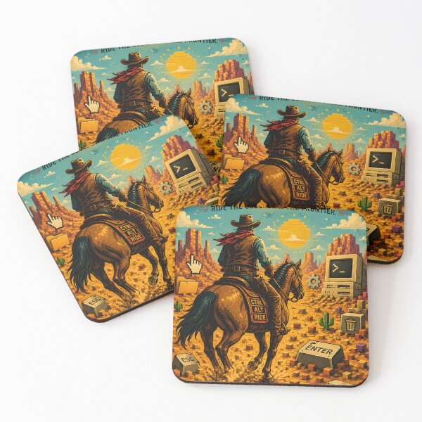 Item preview, Cowboy Programmer – Wild West Rider Crossing a Desert of Pixels and Computer Icons Retro Western Vector Artwork designed and sold by PenchalaPrabhas.